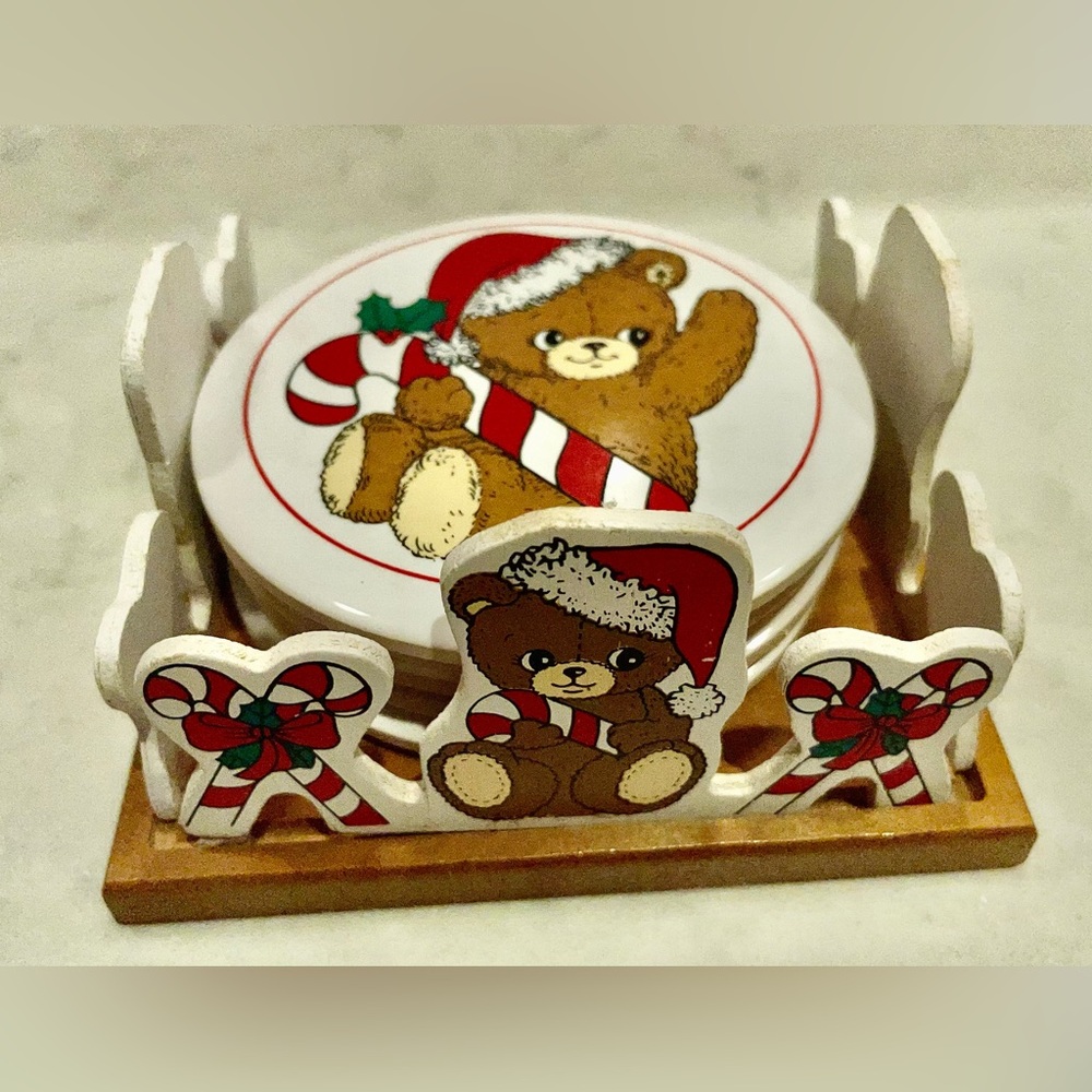 Vintage 1988 Christmas Teddy Bear coasters in holder